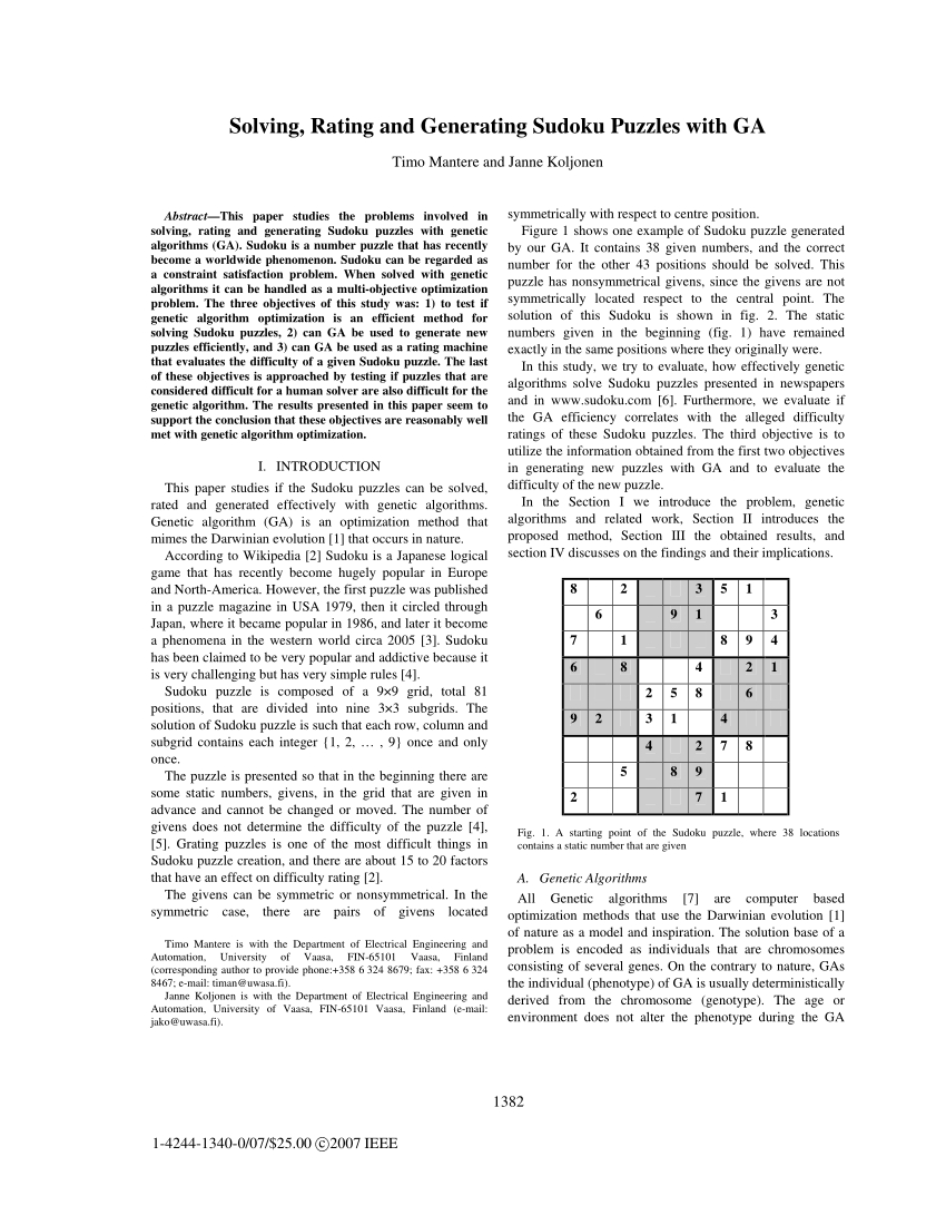 Pdf) Solving, Rating And Generating Sudoku Puzzles With Ga
