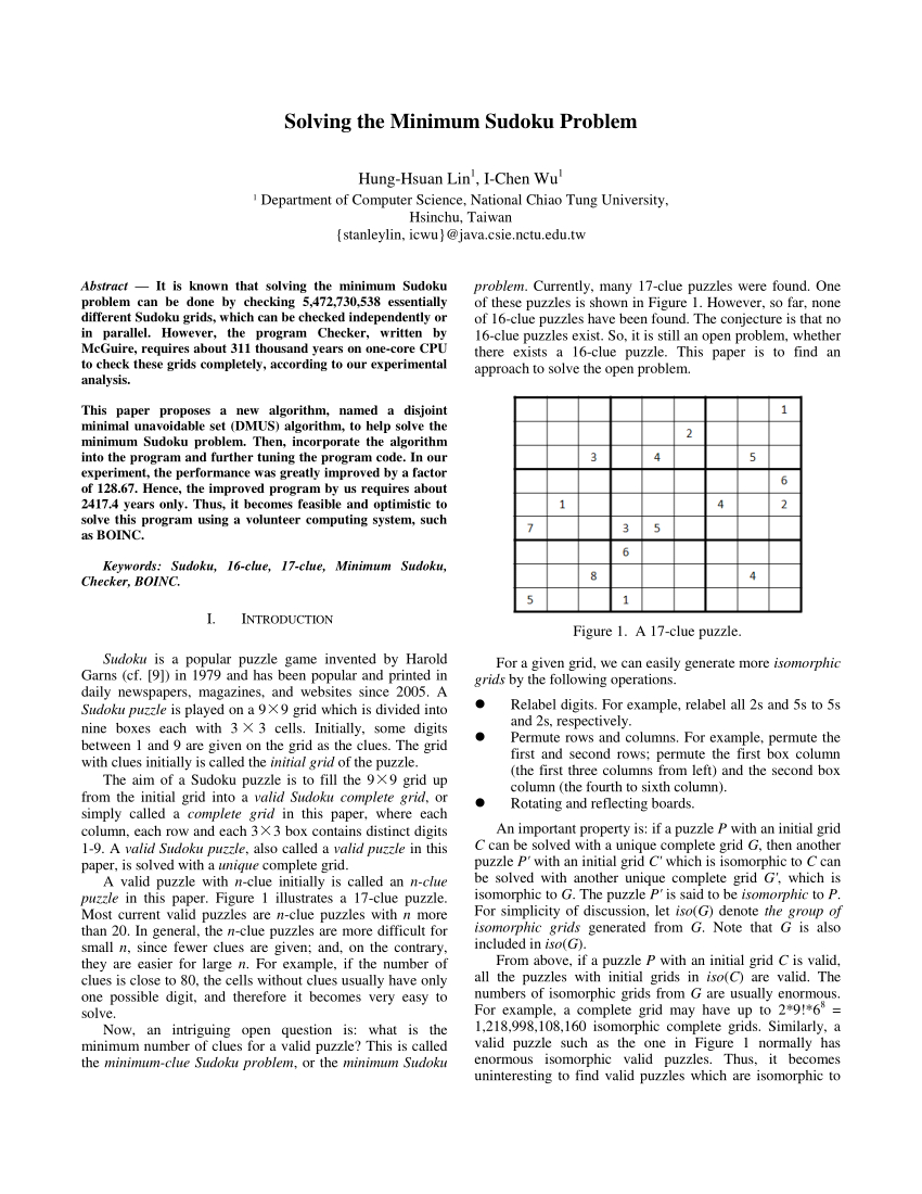 Pdf) Solving The Minimum Sudoku Poblem