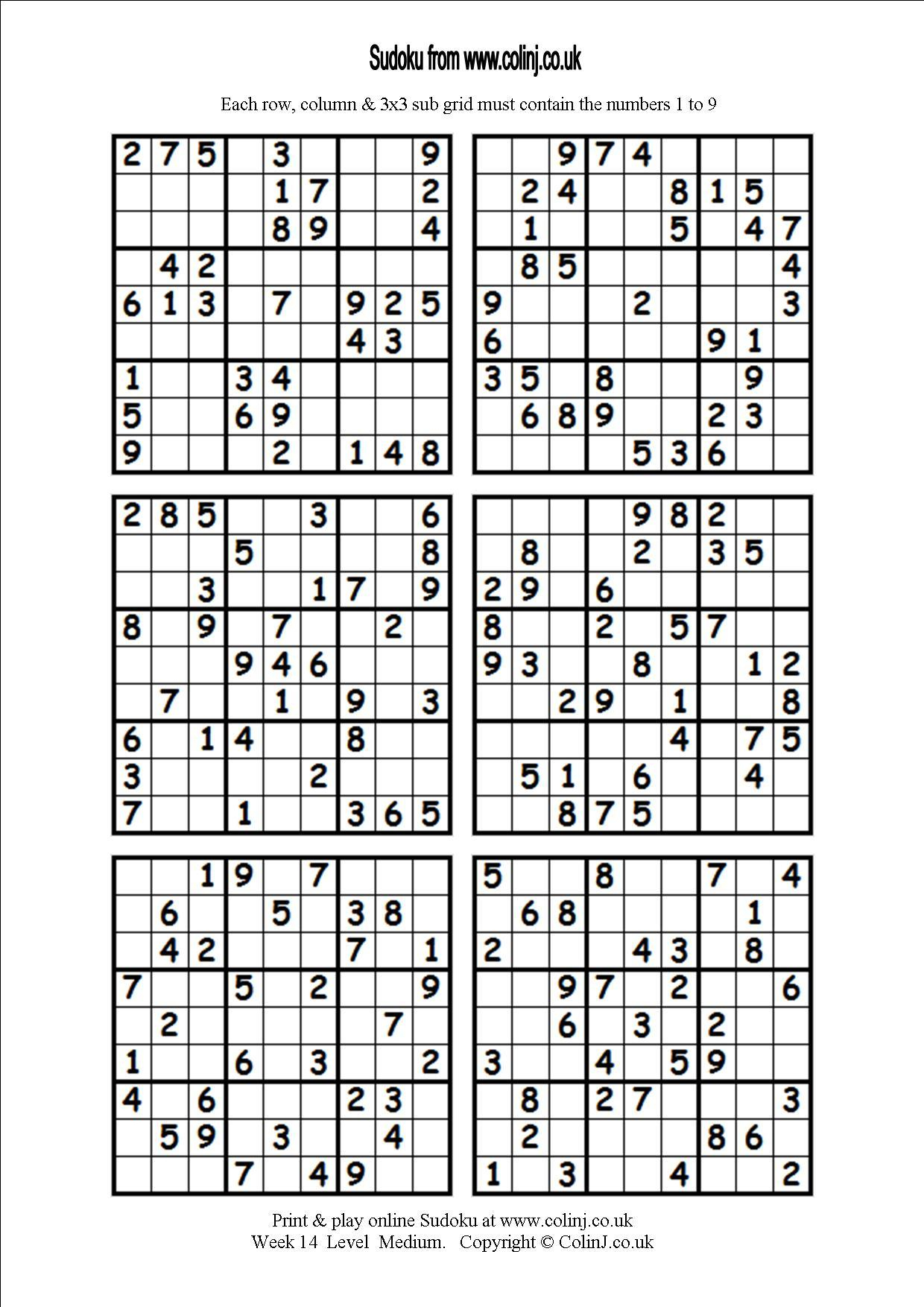Printable Medium Sudoku Httpswwwdadsworksheetscompuzzlessudoku Sudoku 