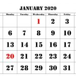 2020 January Holidays Calendar Printable Templates (With