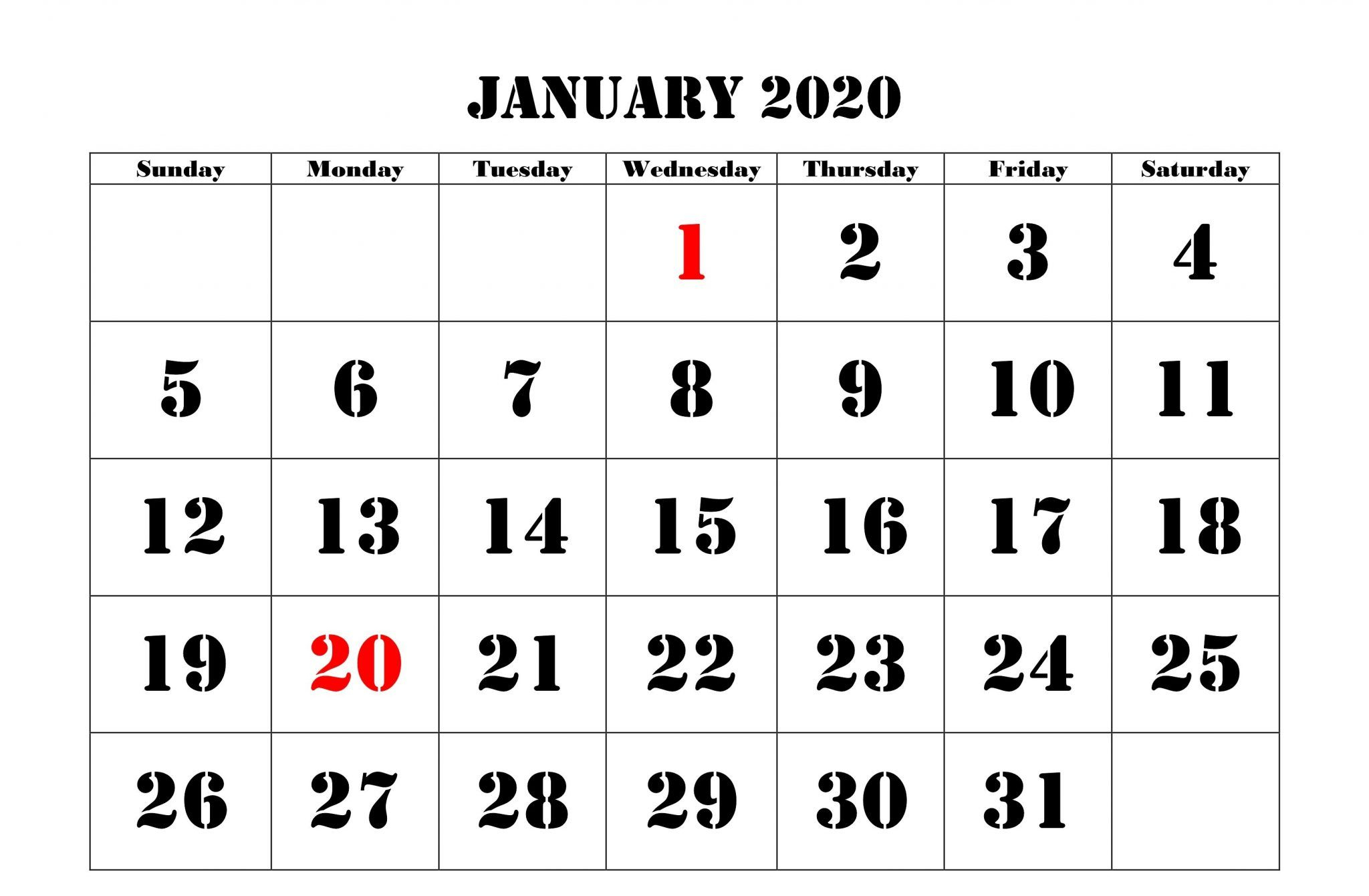 2020 January Holidays Calendar Printable Templates (With