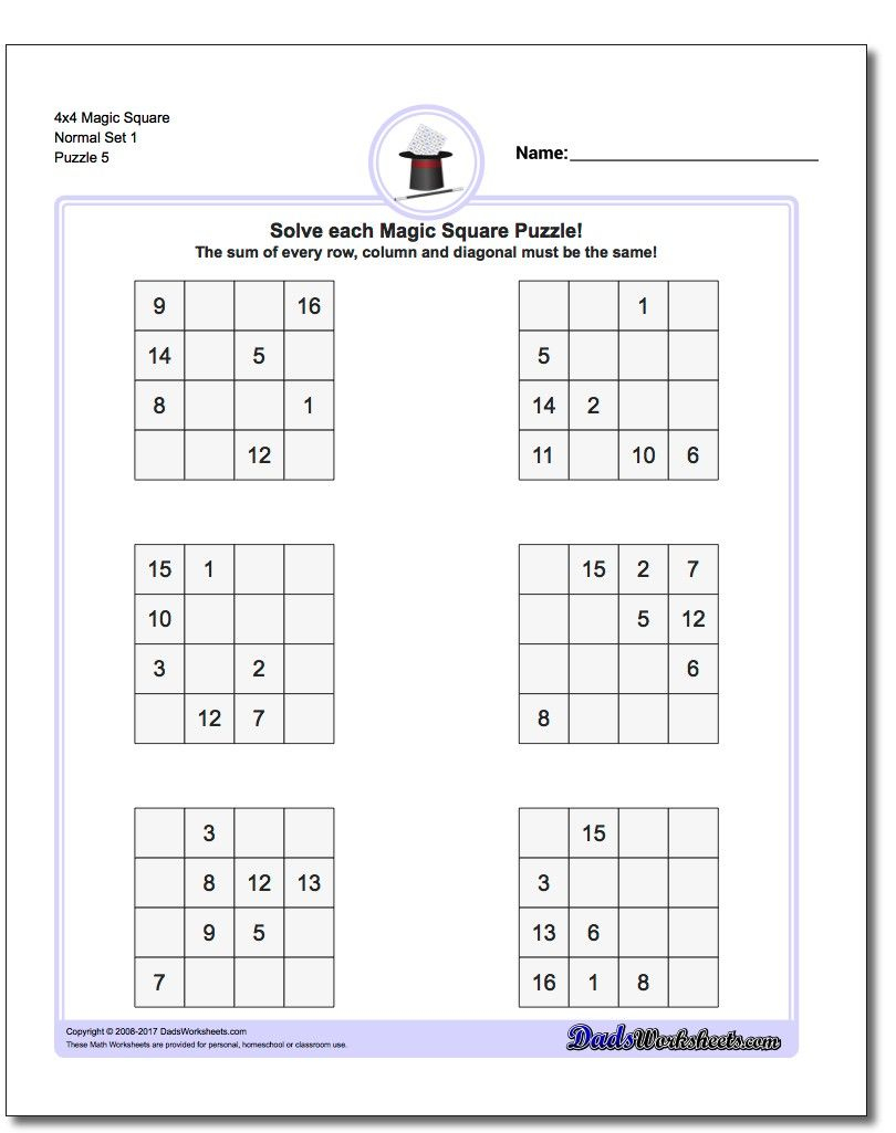 4X4 Magic Square Normal Set 1 Worksheet #magic #square