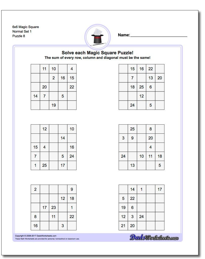 6X6 Magic Square Normal Set 1 Worksheet #magic #square