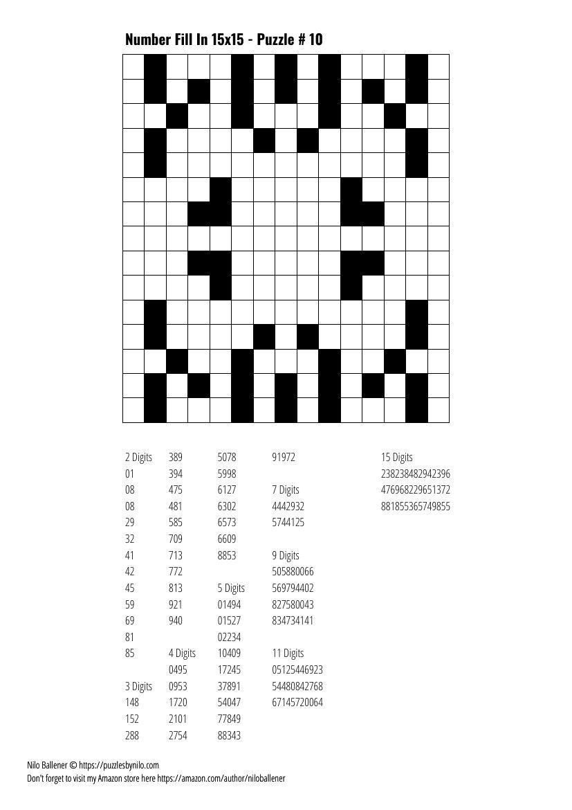 Free Downloadable Puzzle Number Fill In 15X15 # 10 | Fill In
