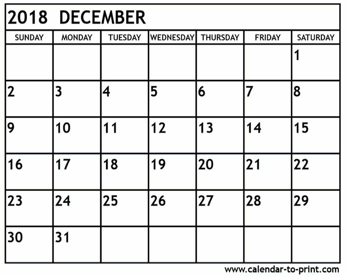 Get Printable December 2018 Calendar Print Blank Template