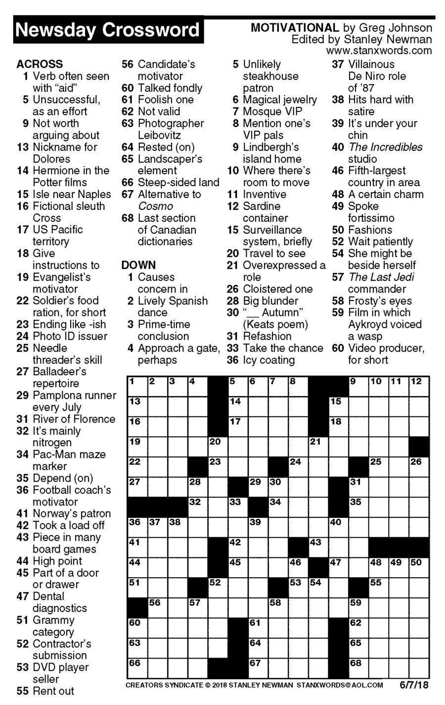 Newsday Crossword Puzzle For Jun 07, 2018,stanley Newman
