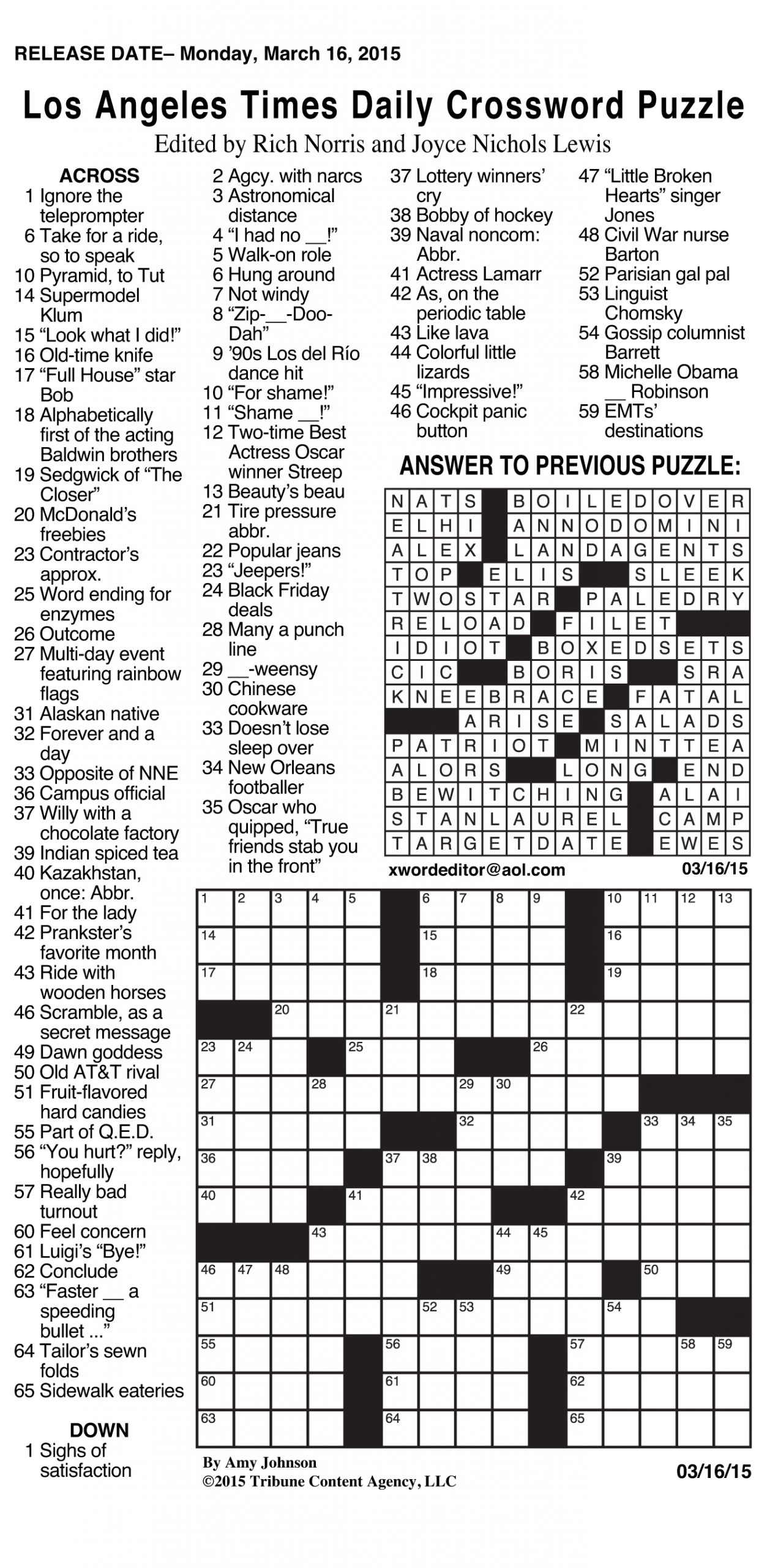 Sample Of Los Angeles Times Daily Crossword Puzzle | Tribune