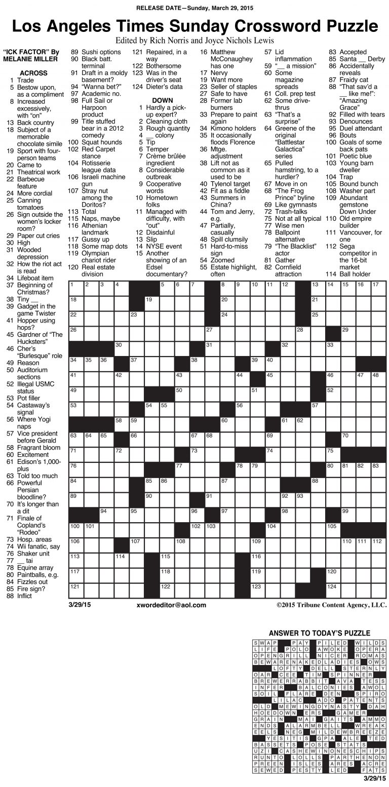 Sample Of Los Angeles Times Sunday Crossword Puzzle Sudoku Printable