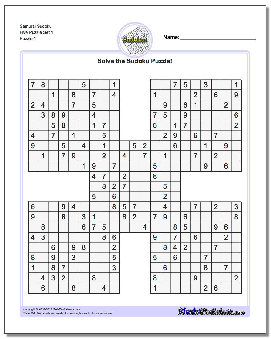 Samurai Sudoku Five Puzzle Set 1 #sudoku #worksheet | Sudoku