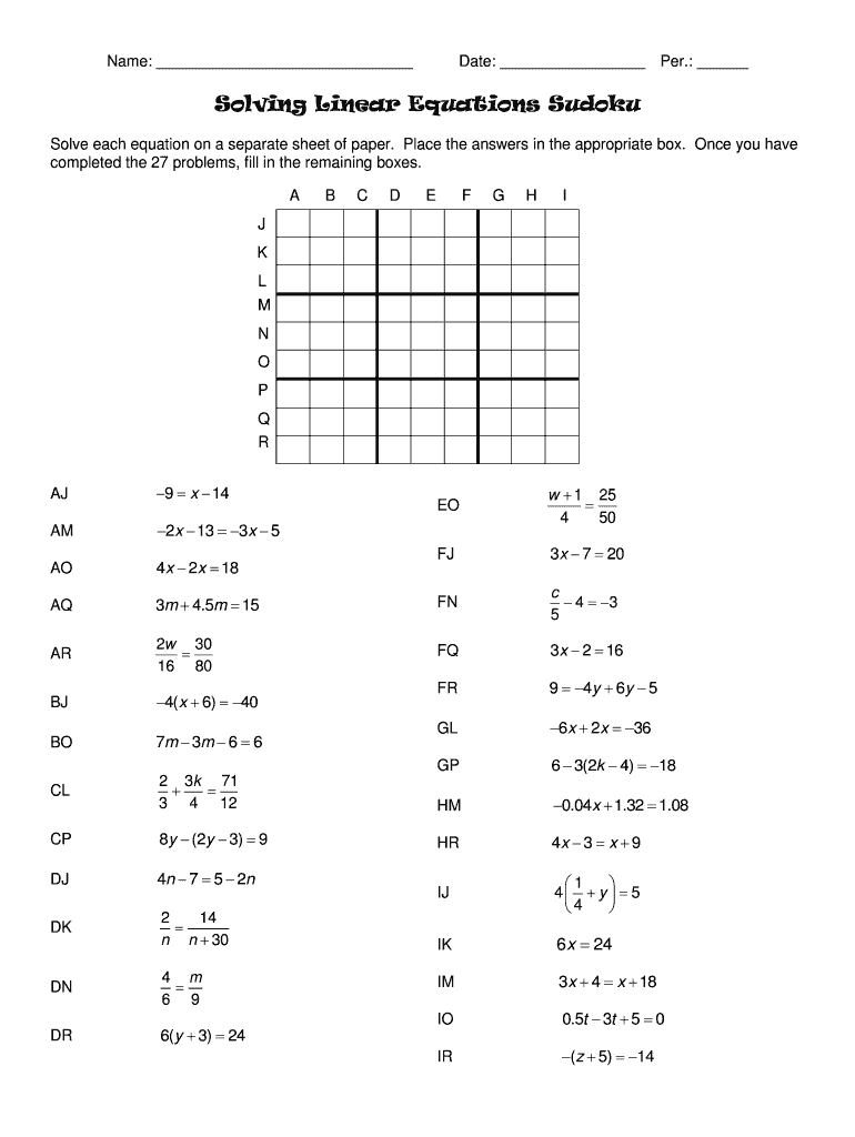 Solving Linear Equations Sudoku Answer Key - Fill Online
